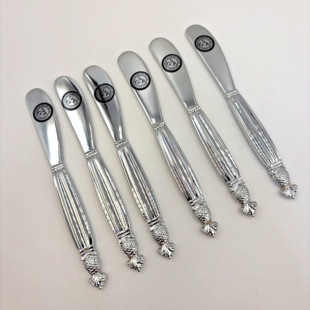 Godinger‎ Pineapple Silverplate Set of 6 Pate Spreaders Butter Cheese